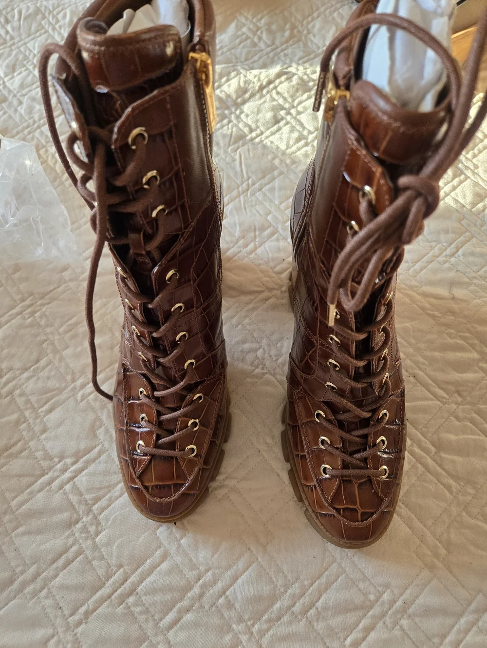 Michael Kors Brown Croc-Embossed Lace-Up Block Heel Boots - Picture 2 of 4